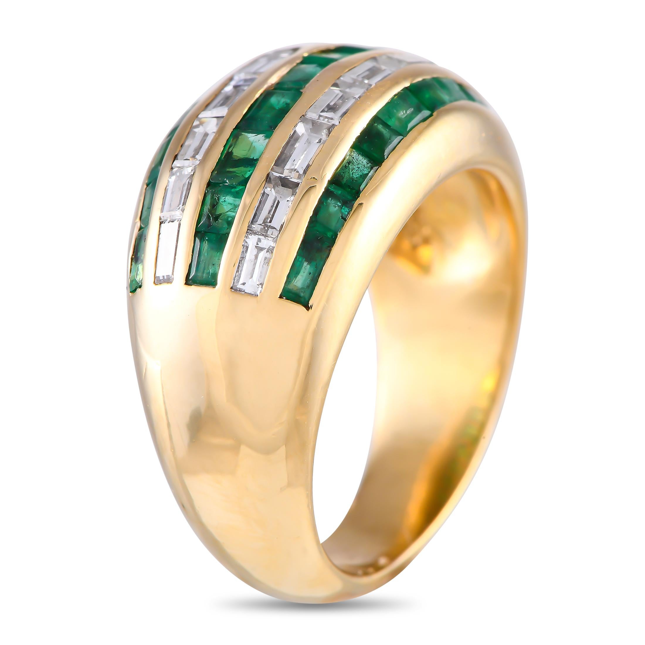Le Vian's diamond and emerald ring is guaranteed to leave onlookers green with envy. This 18K yellow gold domed band features four channels of alternating icy white diamonds and vivid green emerald gemstones. The precious stones run through half of