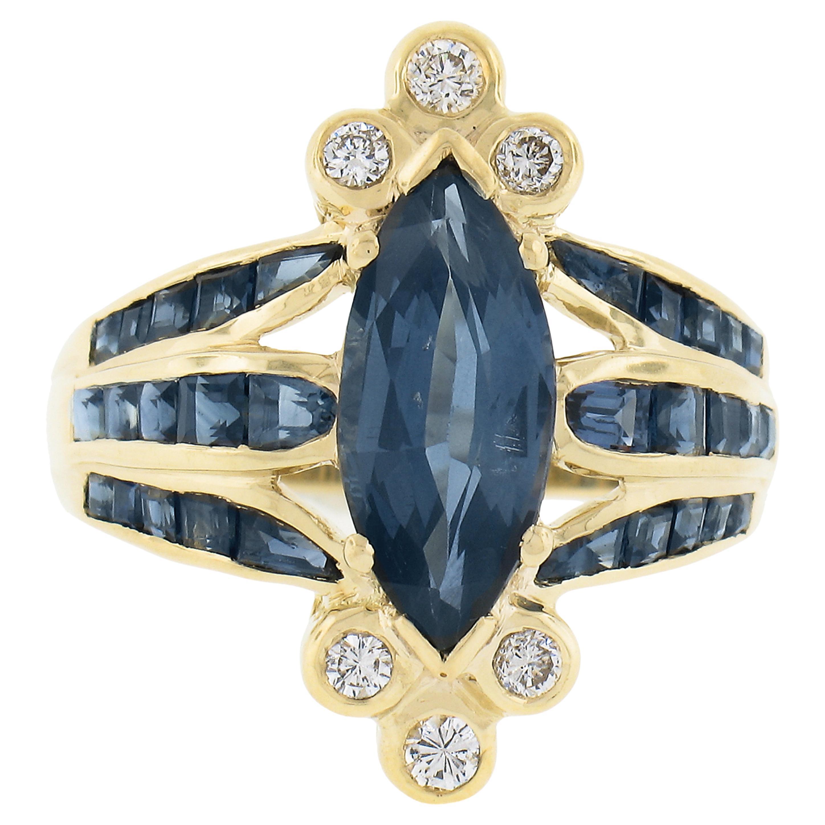 Levian 18k Yellow Gold 3.20ctw Gia Graded Marquise Cut Sapphire & Diamond Ring For Sale