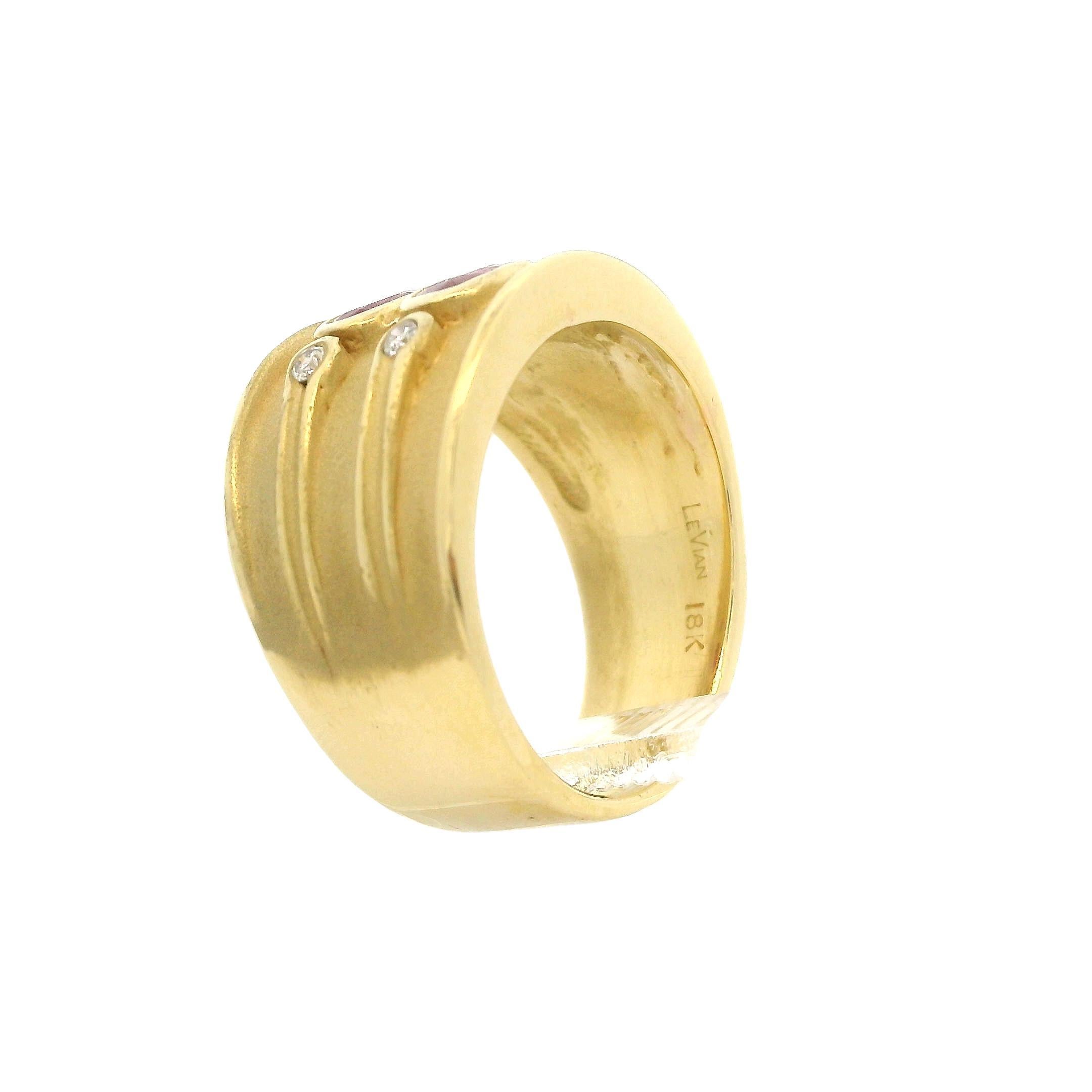 LeVian 18k Yellow Gold Bezel Ruby Diamond Dual Finish Wide Cigar Band Ring 5