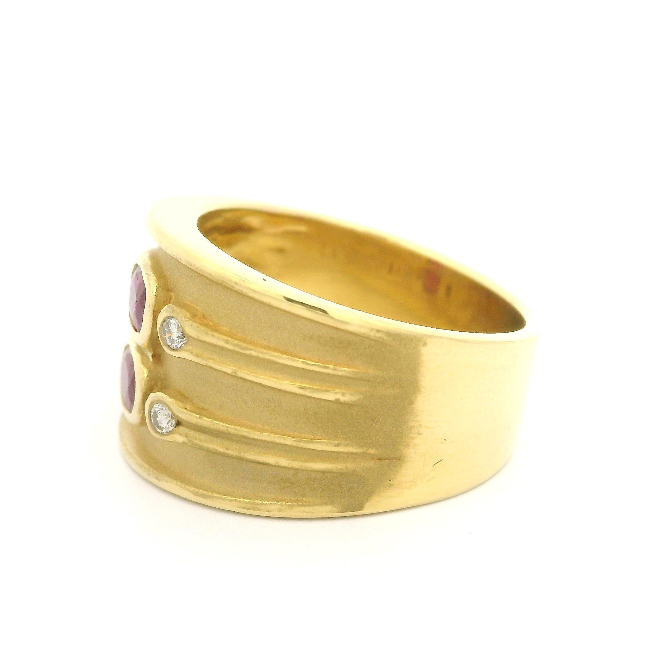 Oval Cut LeVian 18k Yellow Gold Bezel Ruby Diamond Dual Finish Wide Cigar Band Ring