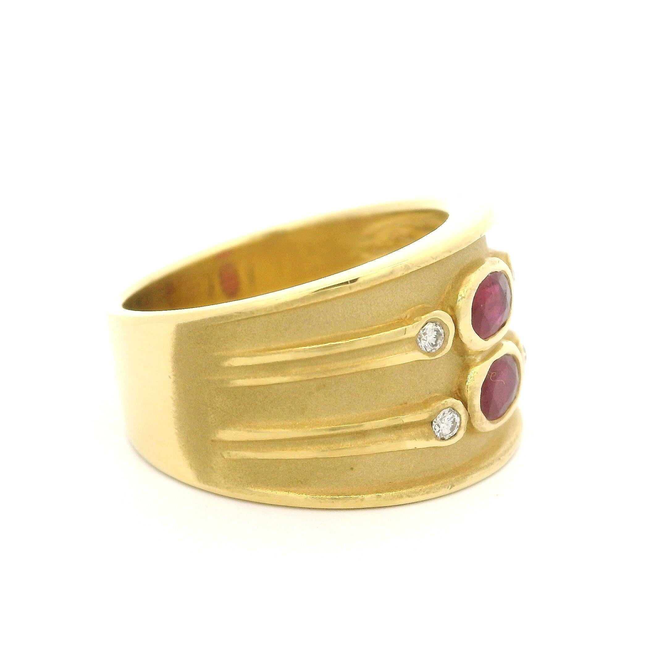 Women's LeVian 18k Yellow Gold Bezel Ruby Diamond Dual Finish Wide Cigar Band Ring