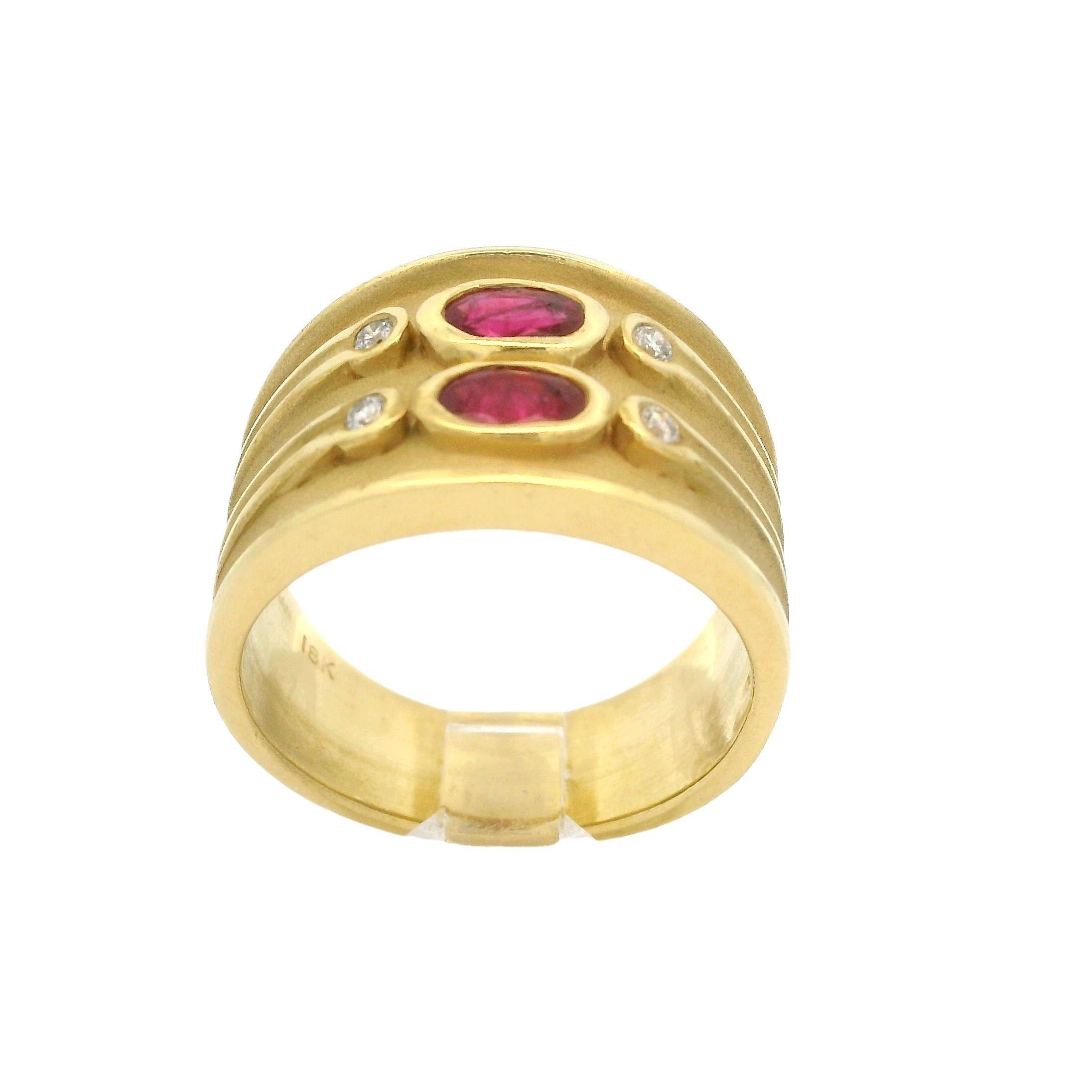 LeVian 18k Yellow Gold Bezel Ruby Diamond Dual Finish Wide Cigar Band Ring 2