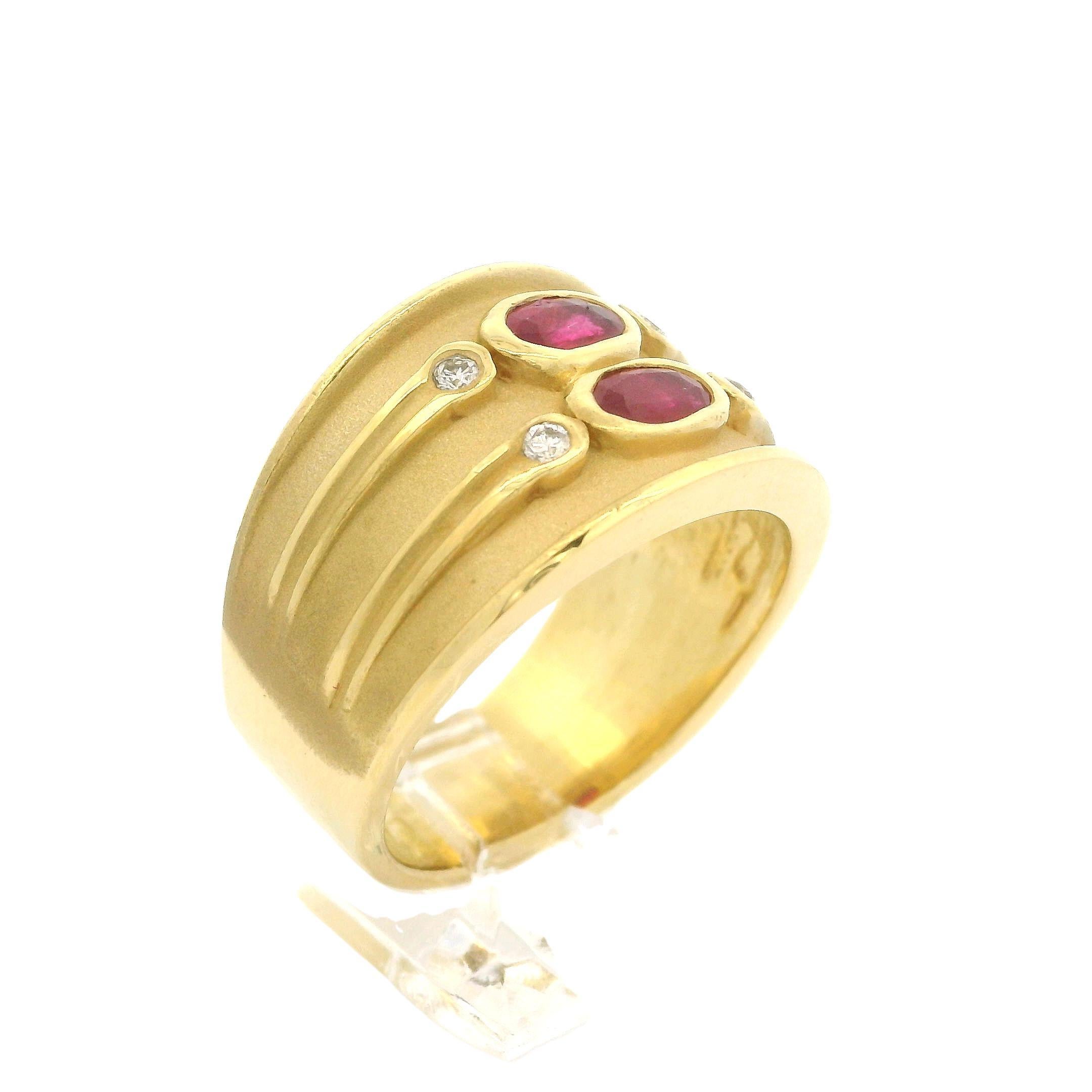 LeVian 18k Yellow Gold Bezel Ruby Diamond Dual Finish Wide Cigar Band Ring 3