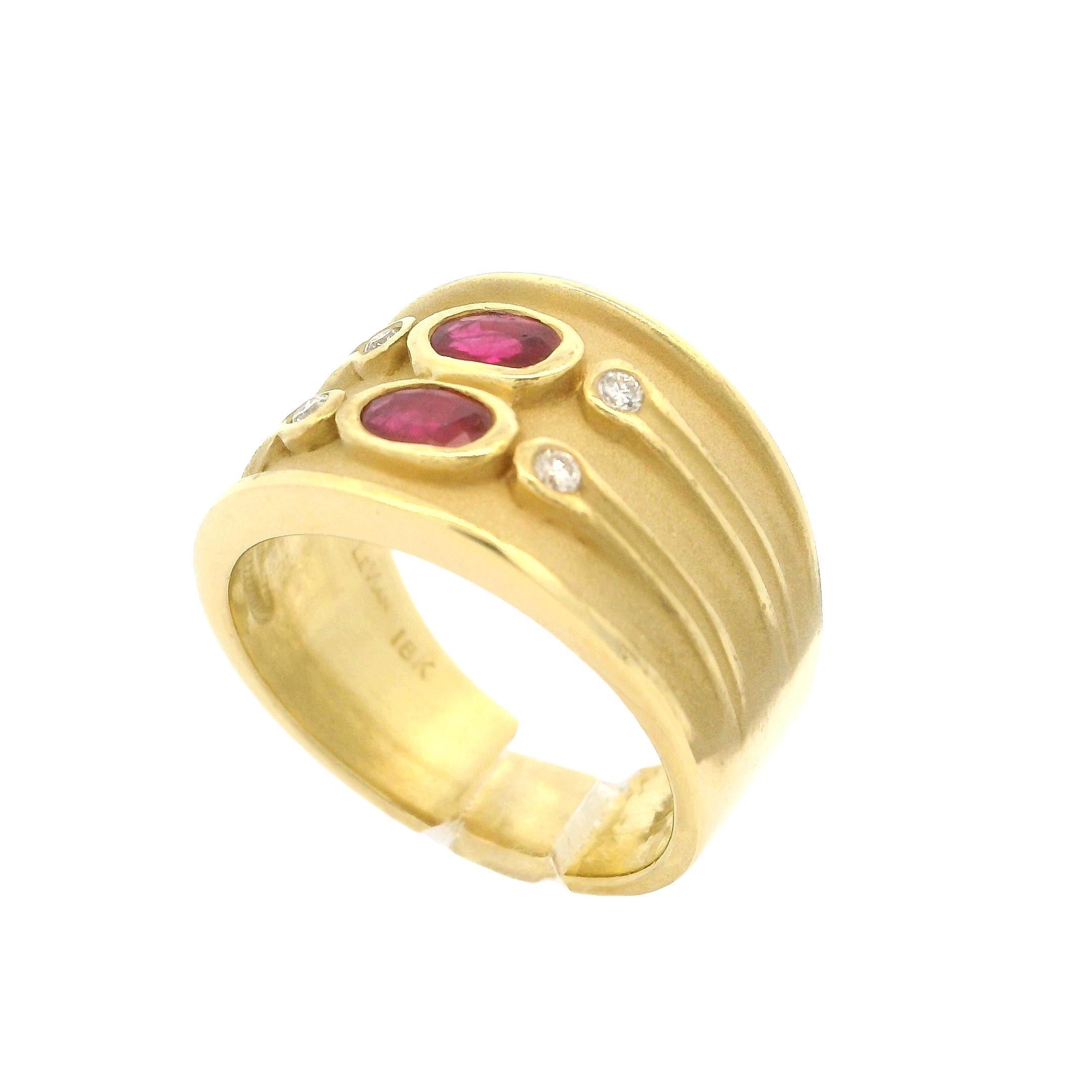 LeVian 18k Yellow Gold Bezel Ruby Diamond Dual Finish Wide Cigar Band Ring 4