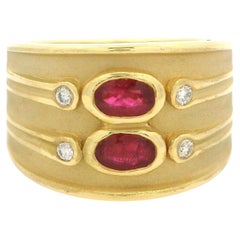LeVian 18k Yellow Gold Bezel Ruby Diamond Dual Finish Wide Cigar Band Ring