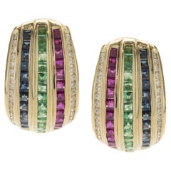 Levian 18k Yellow Gold Diamond, Ruby, Sapphire, and Emerald Shrimp Hoop Earrings