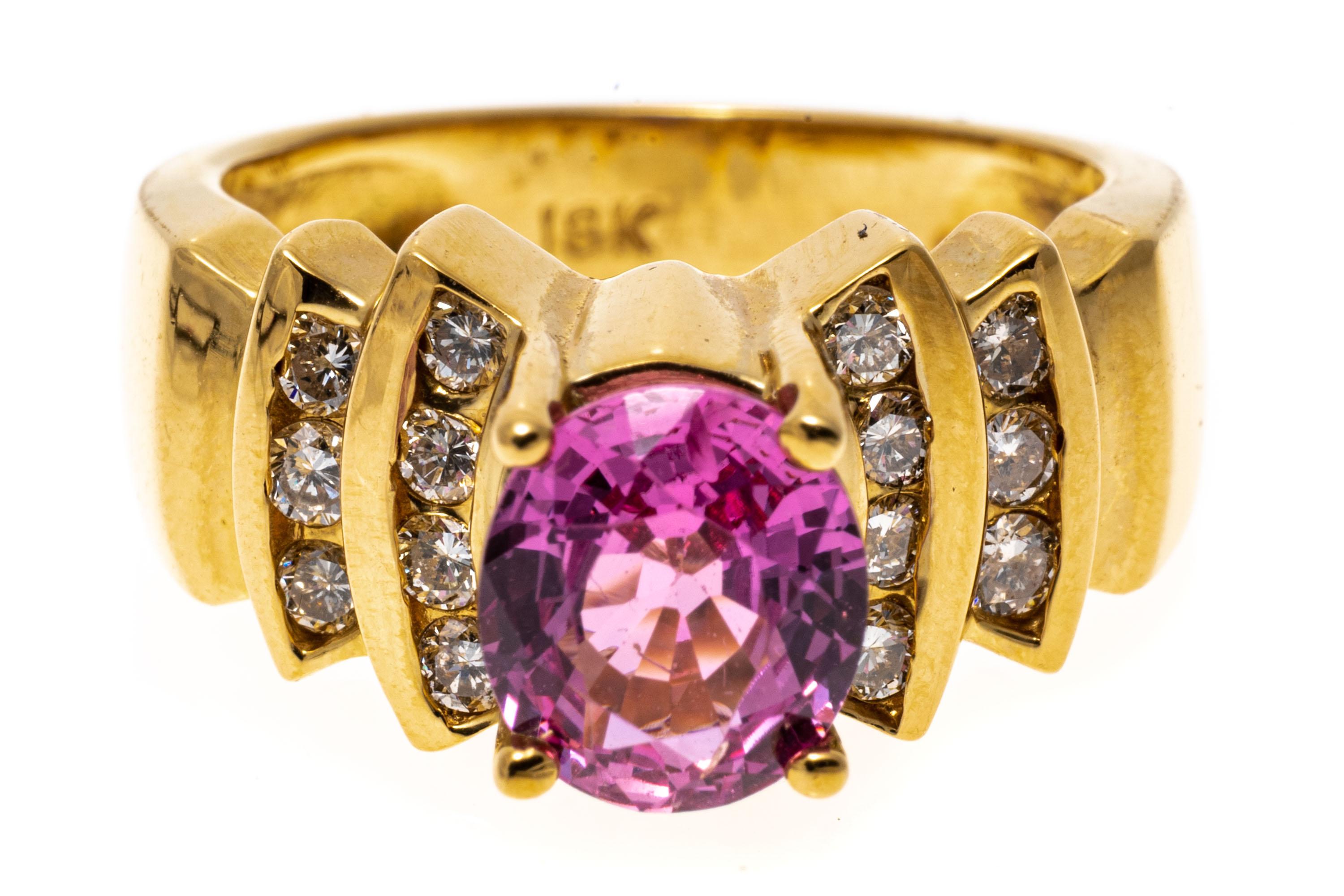 Levian 18k Yellow Gold Pink Sapphire and Channel Diamond Ring For Sale 1