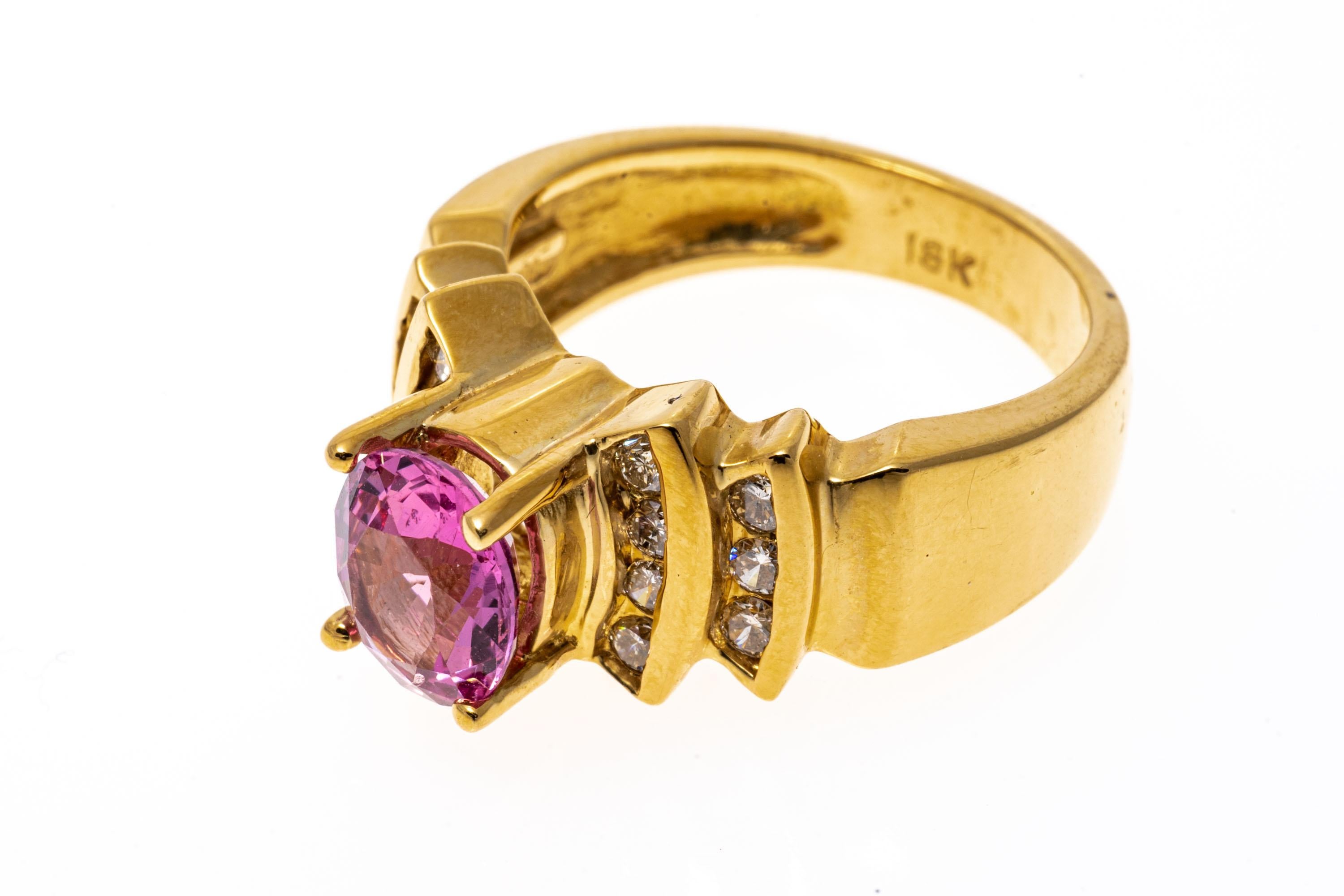 Round Cut Levian 18k Yellow Gold Pink Sapphire and Channel Diamond Ring For Sale