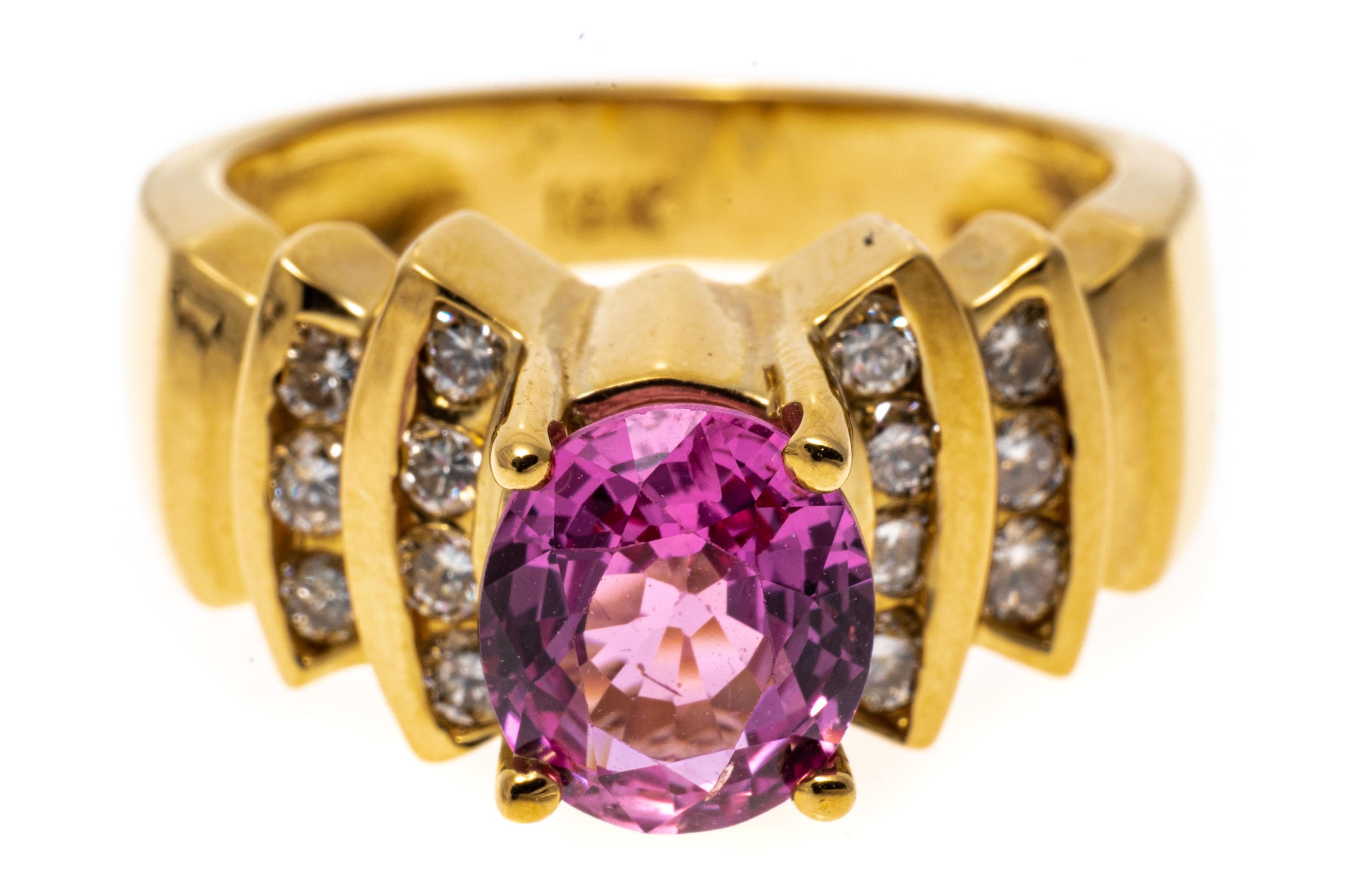 Women's Levian 18k Yellow Gold Pink Sapphire and Channel Diamond Ring For Sale