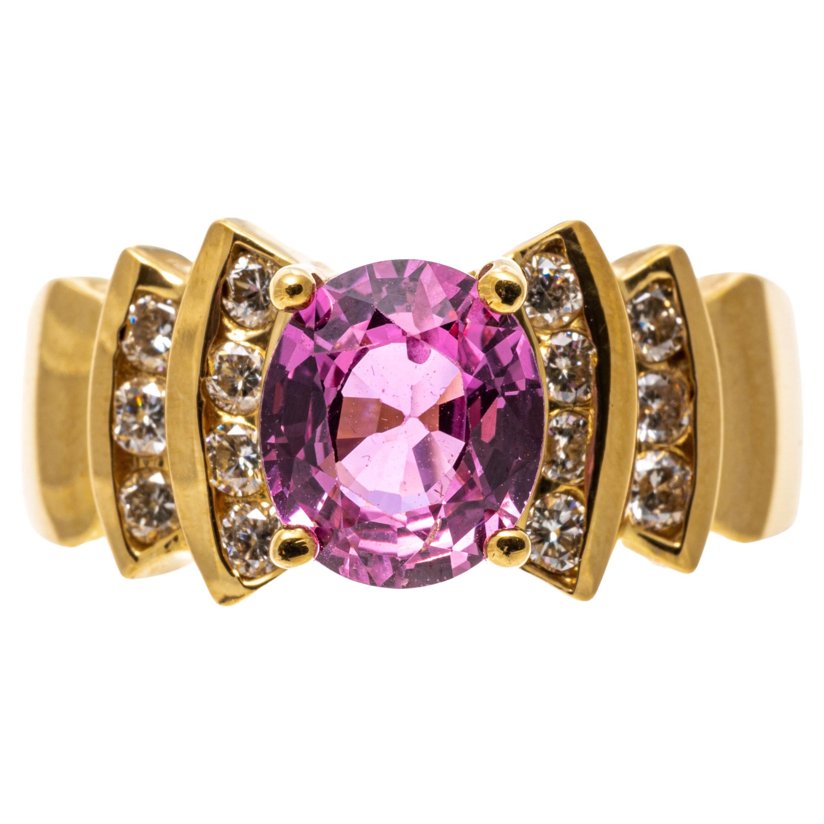 Levian 18k Yellow Gold Pink Sapphire and Channel Diamond Ring For Sale