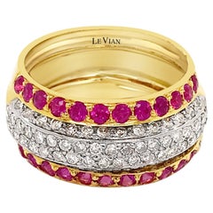 LeVian 18K Yellow Gold Red Pink Ruby Round Diamond Multi Row Channel Classy Ring