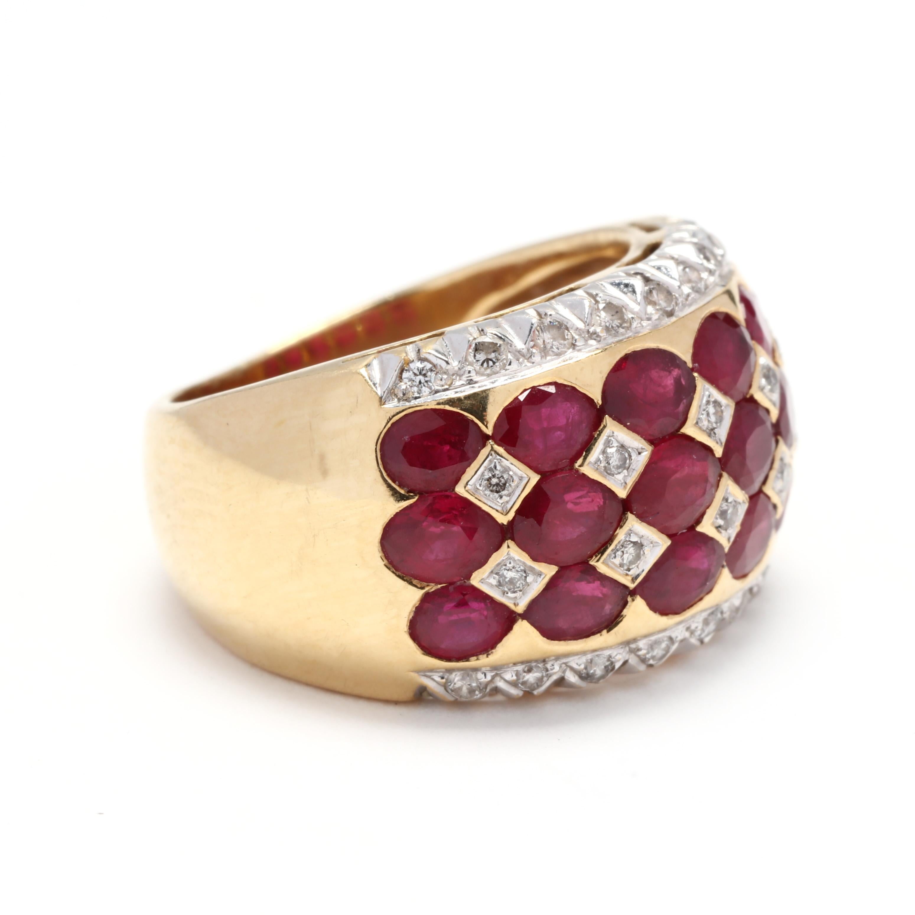 A LeVian 18 karat yellow gold ruby and diamond wide band ring. This ring features three rows of oval cut rubies weighing approximately 3.90 total carats with single cut diamonds set in between and a row of single cut diamonds on either side and a