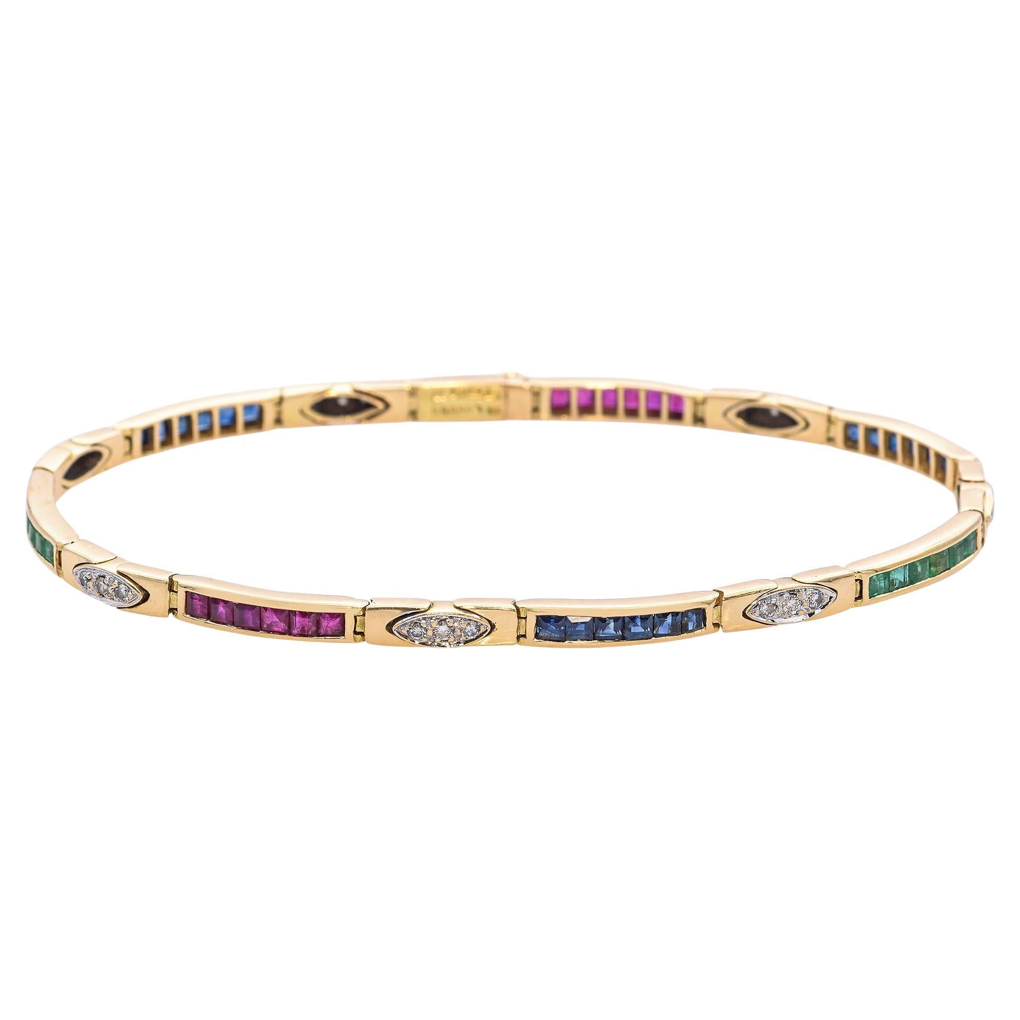 LeVian Tennisarmband aus 18 Karat Gelbgold mit Rubin, Saphir, Smaragd und Diamant
