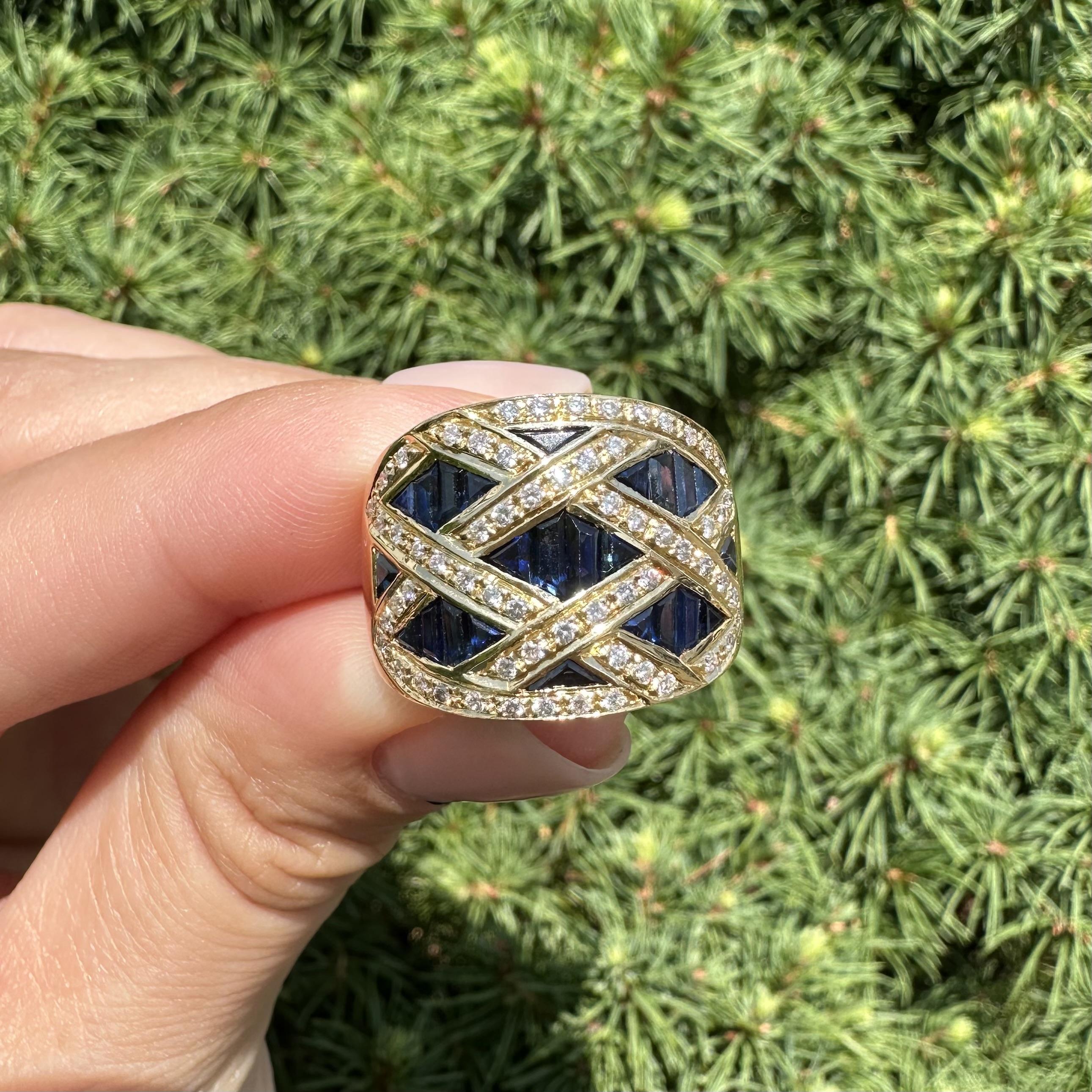 Levian 18k Yellow Gold Sapphire & Diamond Lattice Design Wide Cigar Band Ring For Sale 7