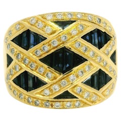 Levian 18k Yellow Gold Sapphire & Diamond Lattice Design Wide Cigar Band Ring