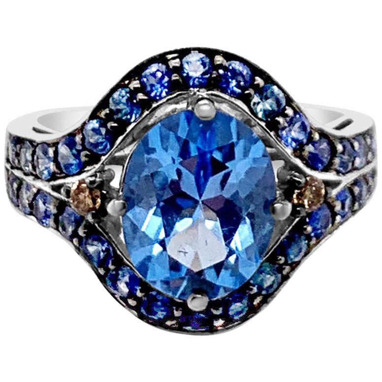 Le Vian 2.8 Carat Ring Blue Topaz Sapphire Chocolate Diamonds 14k White Gold