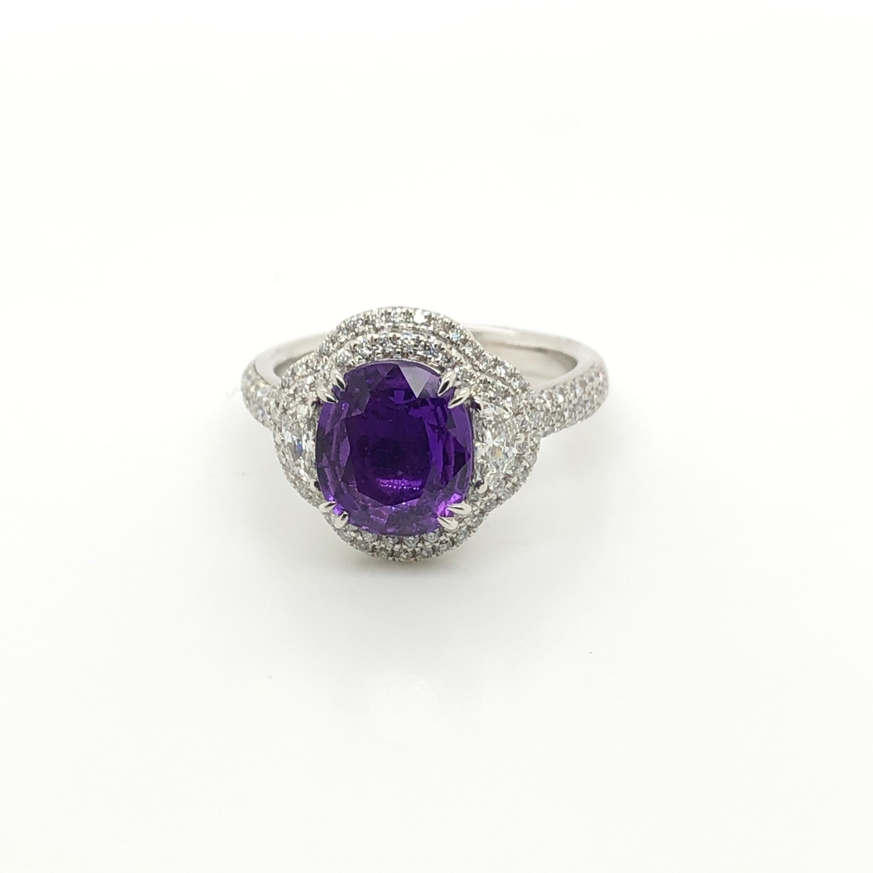 Have a passion for purple gems? This Le Vian Couture Platinum and gold ring banded in Vanilla Diamonds offers a gorgeous oval cut 3-carat Purple Sapphire nestled between two half moon Vanilla Diamonds, within a double halo of diamonds, 5/8 ct. tw.