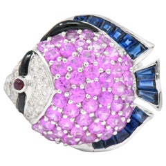 Levian 4.50 Carat Diamond Multi-Gem 18 Karat White Gold Fish Pendant or Brooch