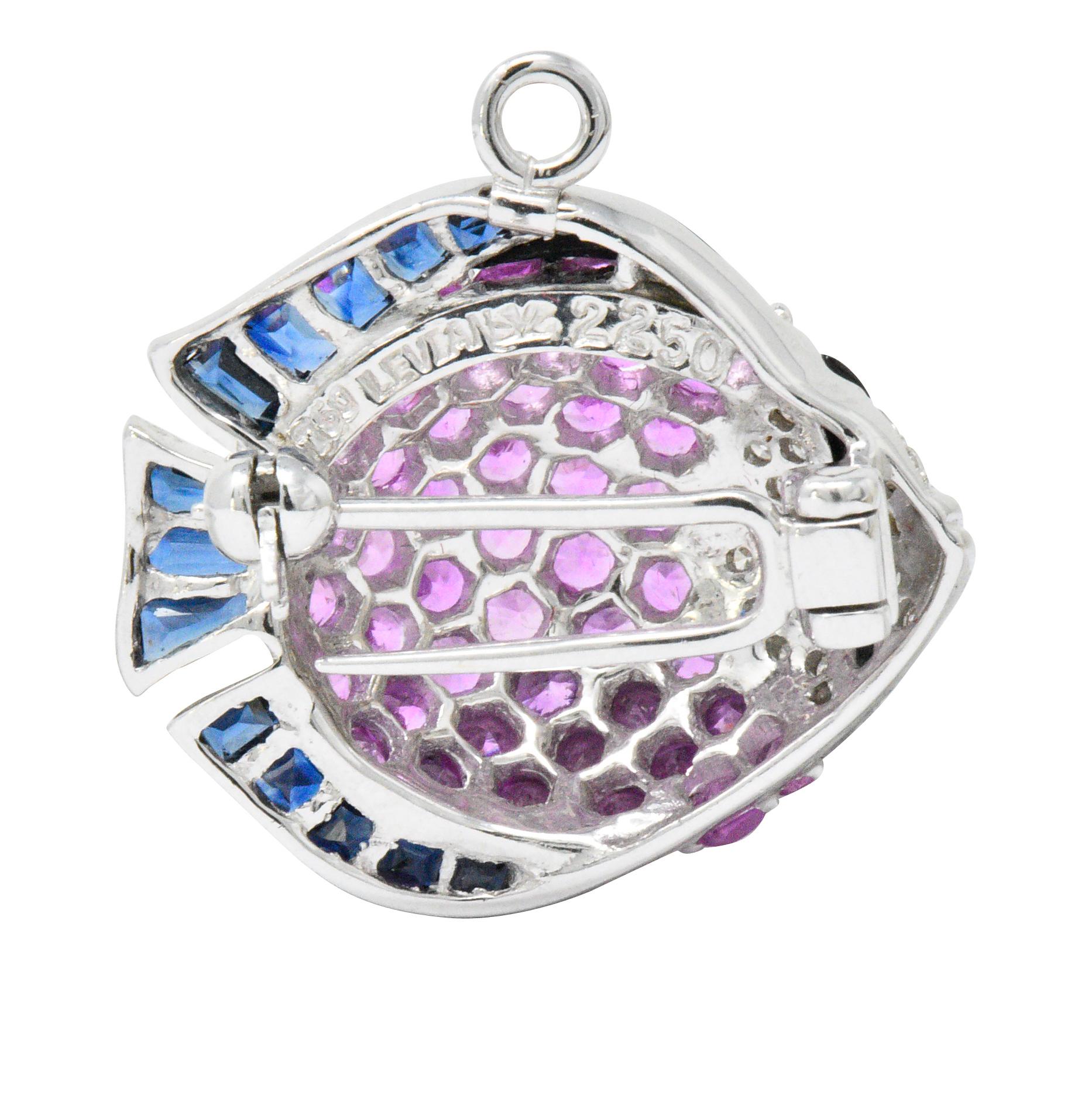 Contemporary Levian 4.50 Carat Diamond Multi-Gem 18 Karat White Gold Fish Pendant or Brooch