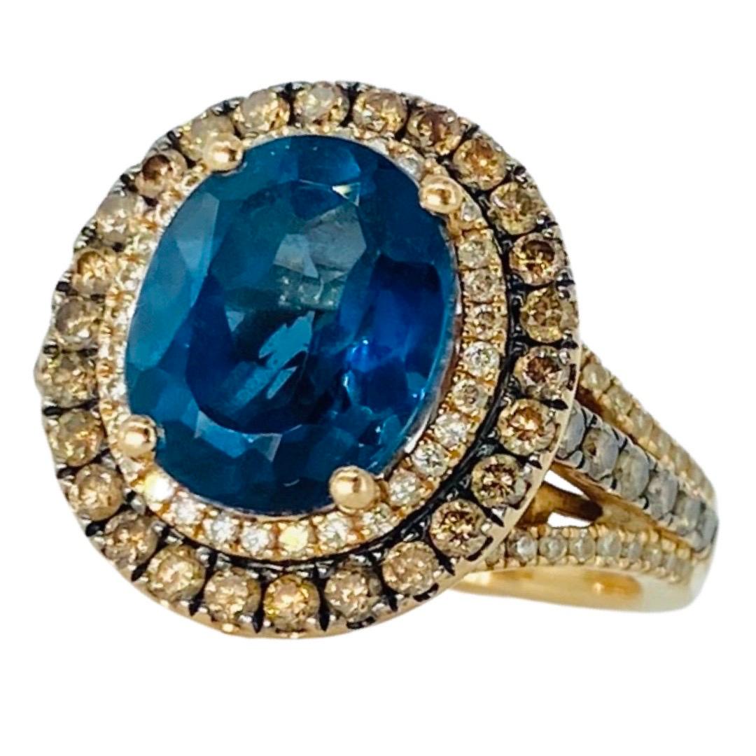 LeVian 4.87tcw Deep Sea Blue Topaz and Diamonds Ring 14k Gold