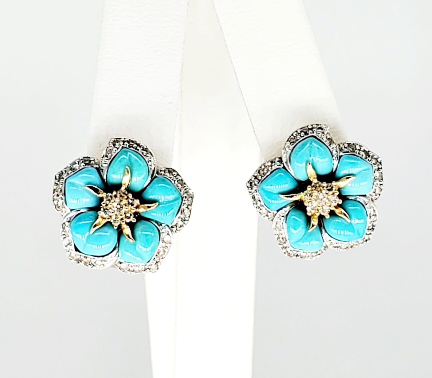 Levian 6.90 Carat Turquoise/Diamonds Flower Necklace and Earrings Set In Excellent Condition In Miami, FL