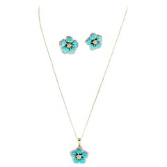 Levian 6.90 Carat Turquoise/Diamonds Flower Necklace and Earrings Set