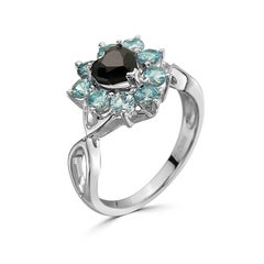 LeVian 925 Sterling Silver Black Sapphire Blue Zircon Cocktail Flower Halo Ring