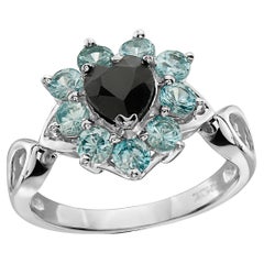 Levian 925 Sterling Silver Black Sapphire Blue Zircon Cocktail Flower Halo Ring