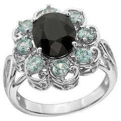LeVian 925 Sterling Silver Black Sapphire Blue Zircon Flower Cocktail Halo Ring