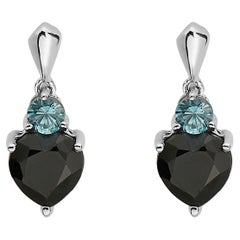 Le Vian 925 Sterling Silver Black Sapphire Blue Zircon Gem Love Heart Earrings