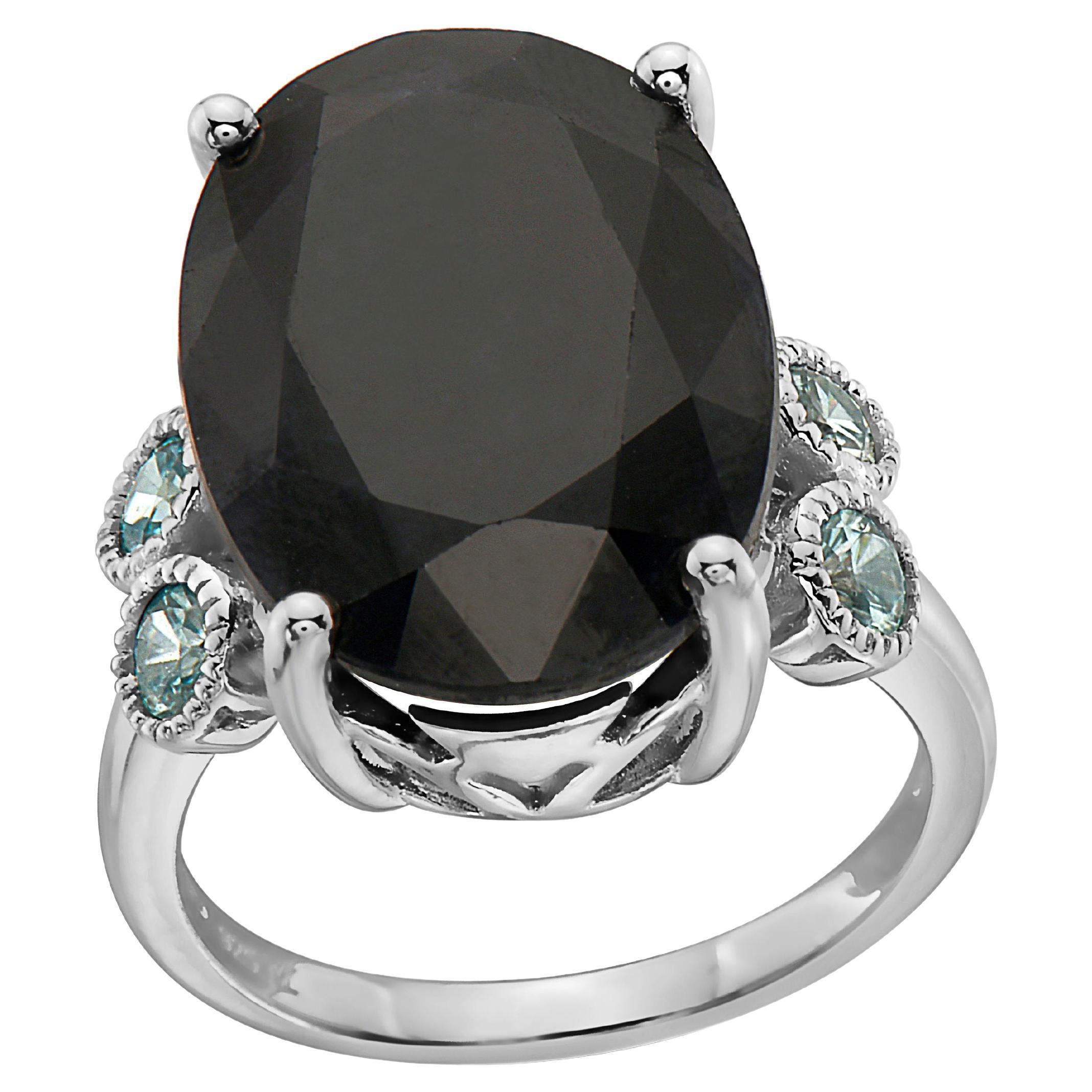 LeVian 925 Sterling Silver Black Sapphire Blue Zircon Gemstone Cocktail Ring For Sale
