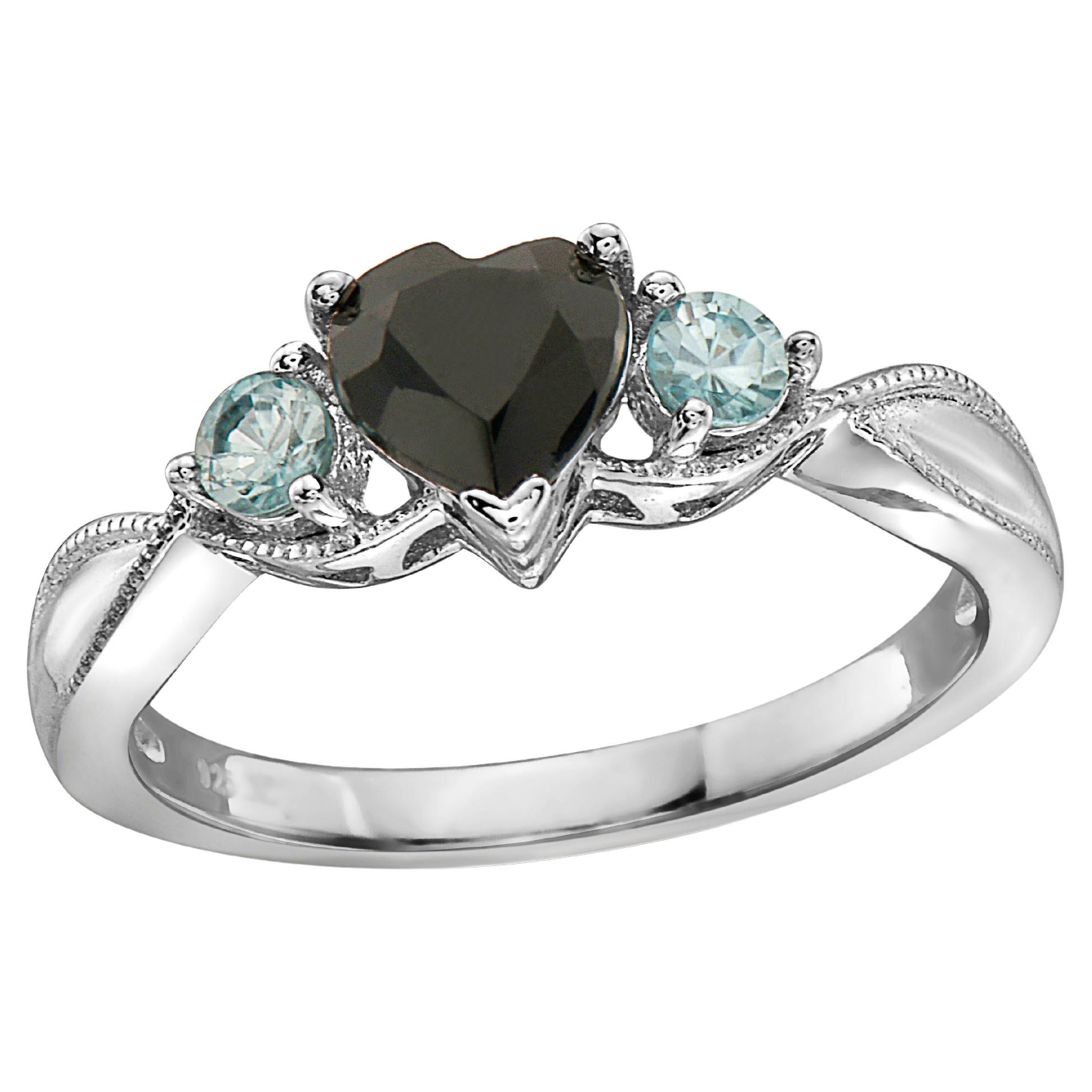 LeVian 925 Sterling Silver Black Sapphire Blue Zircon Gemstone Love Heart Ring