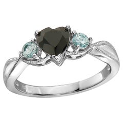 LeVian 925 Sterling Silver Black Sapphire Blue Zircon Gemstone Love Heart Ring