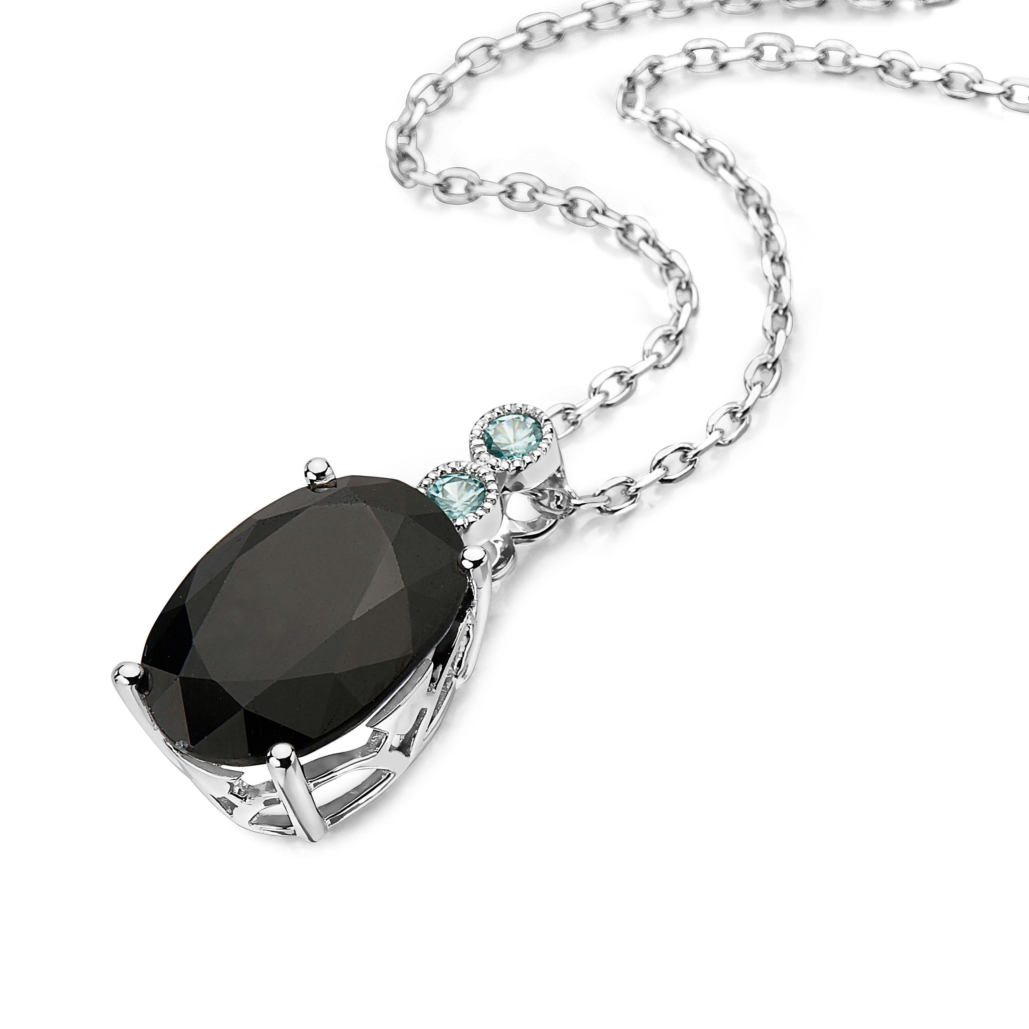 LeVian 925 Sterling Silver Black Sapphire Blue Zircon Gemstone Pendant Necklace