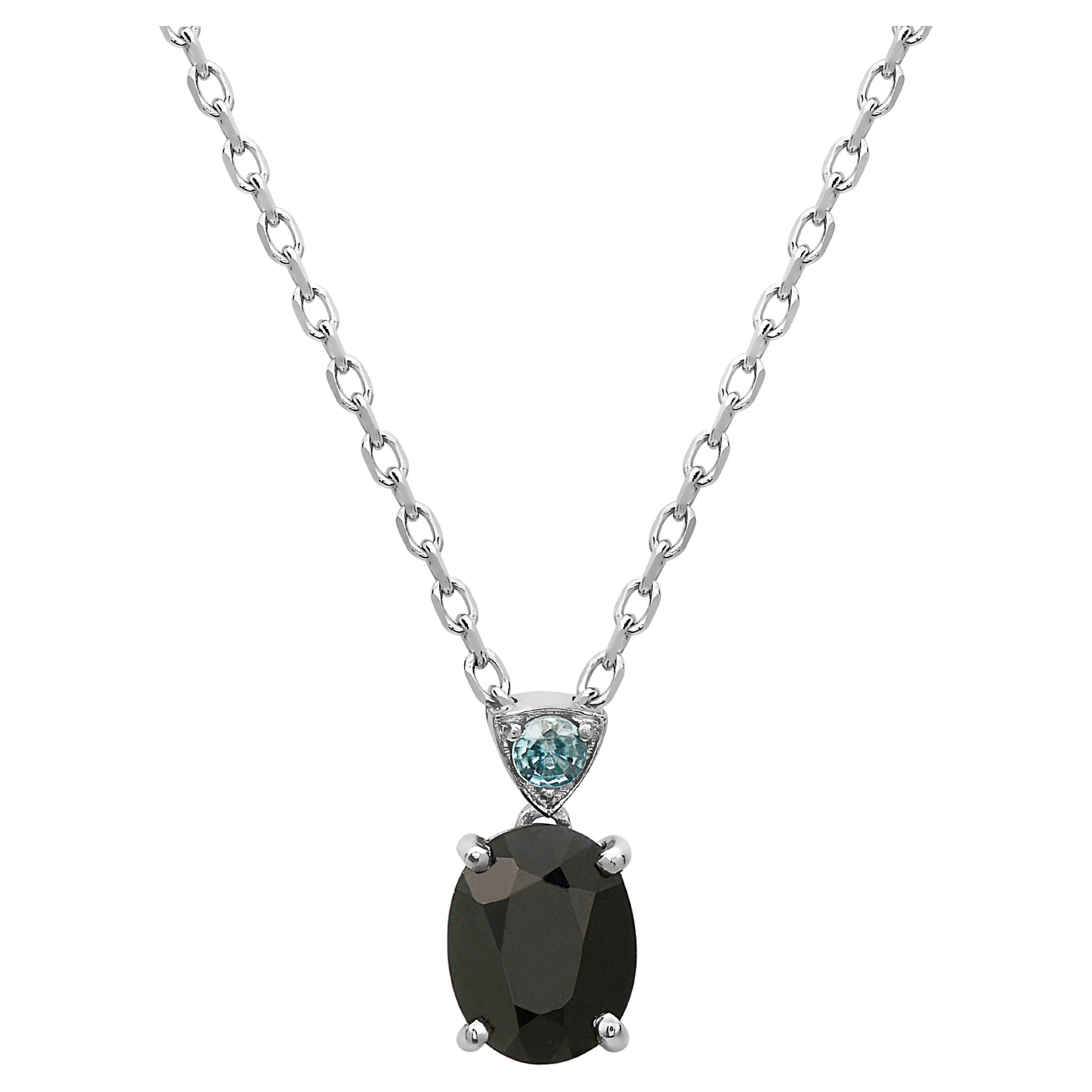 LeVian 925 Sterling Silver Black Sapphire Blue Zircon Gemstone Pendant Necklace For Sale