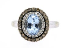 Levian Aquamarine Ring Oval Chocolate Diamond Halo 14k White Gold size 8.5