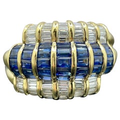 Vintage LeVian Blue Sapphire & Diamond Baguette 18k Yellow Gold Dome Ring 3.50ctw