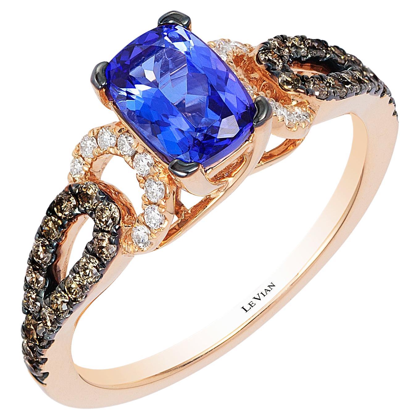 LeVian Blue Tanzanite and Diamond Ring in 14K Rose Gold Size 7 For Sale