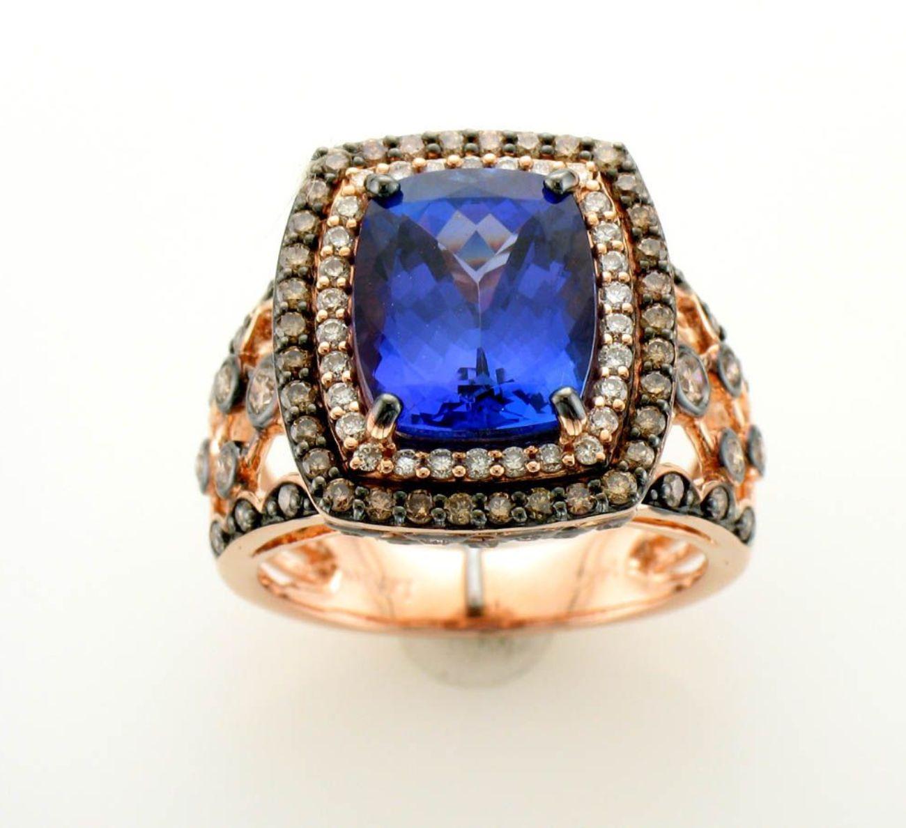 Levi Levianischer Ring mit blauem Tansanit und Diamant aus 14 Karat Roségold