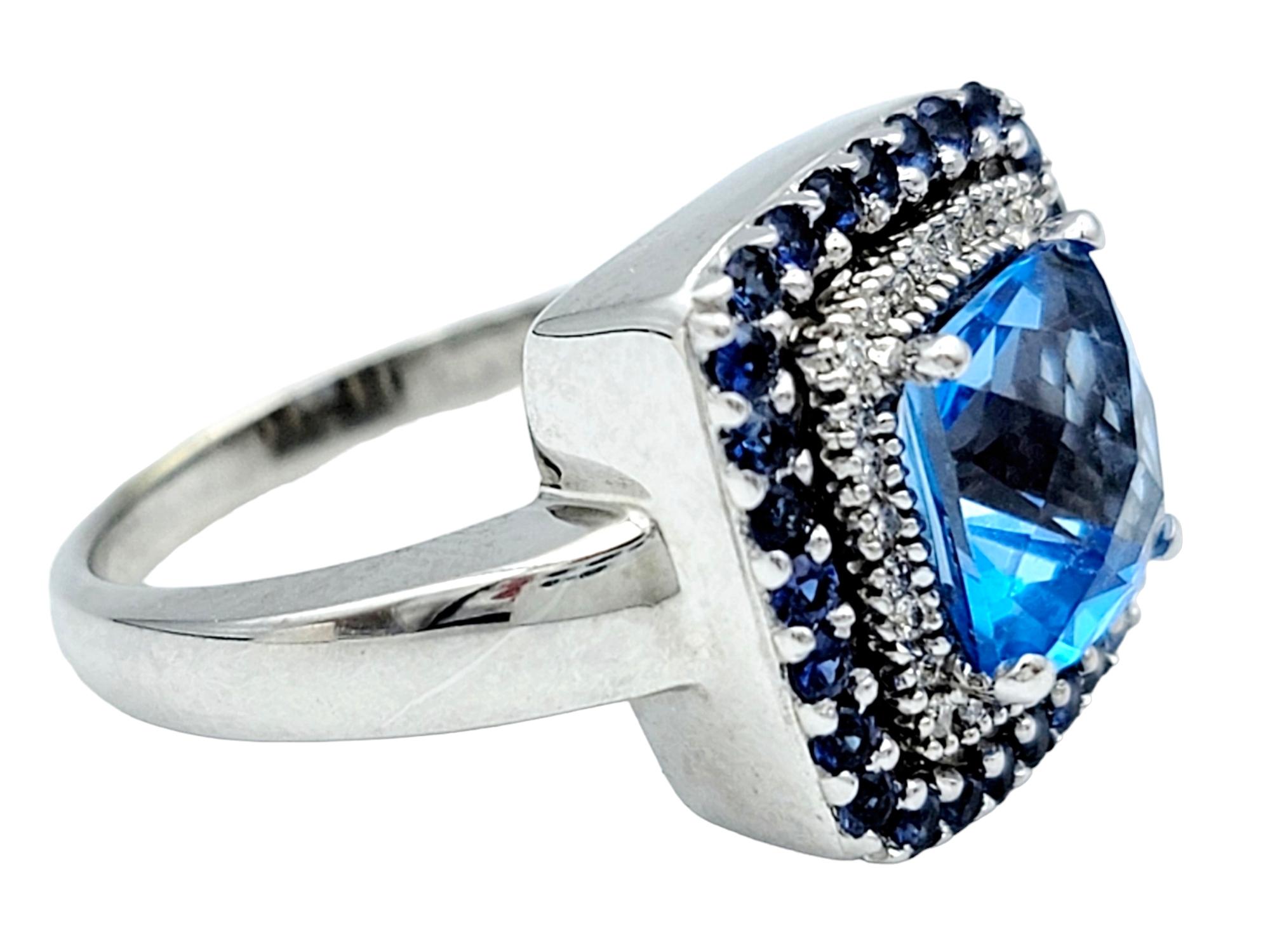 Contemporary Le Vian Blue Topaz, Sapphire and Diamond Halo Cocktail Ring Set in 14 Karat Gold For Sale