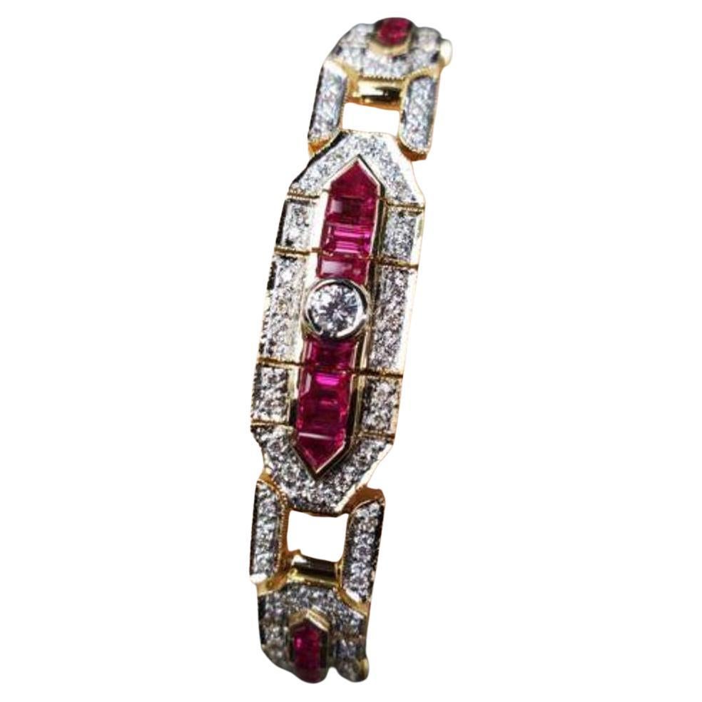 LeVian Bracelet Diamond Ruby Art Deco Style 18k Yellow Gold THE BEST !!!

Voici tout simplement le meilleur bracelet Levian que j'ai jamais vu, et probablement vous aussi !

Il s'agit d'un trésor vintage de Levian, fabriqué en or jaune 18 carats,
