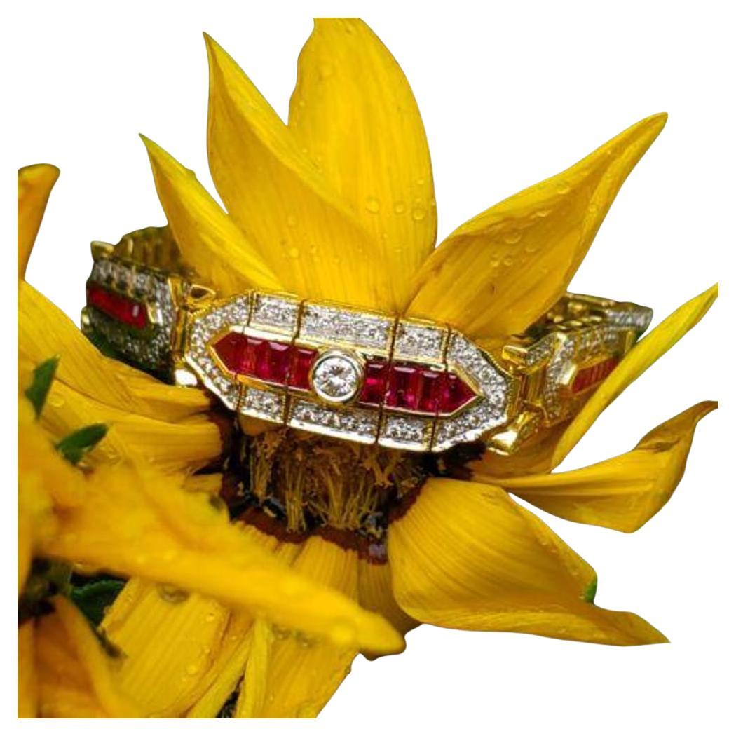 Taille baguette Levian Bracelet de style Art déco en or jaune 18 carats avec diamants et rubis baguettes en vente