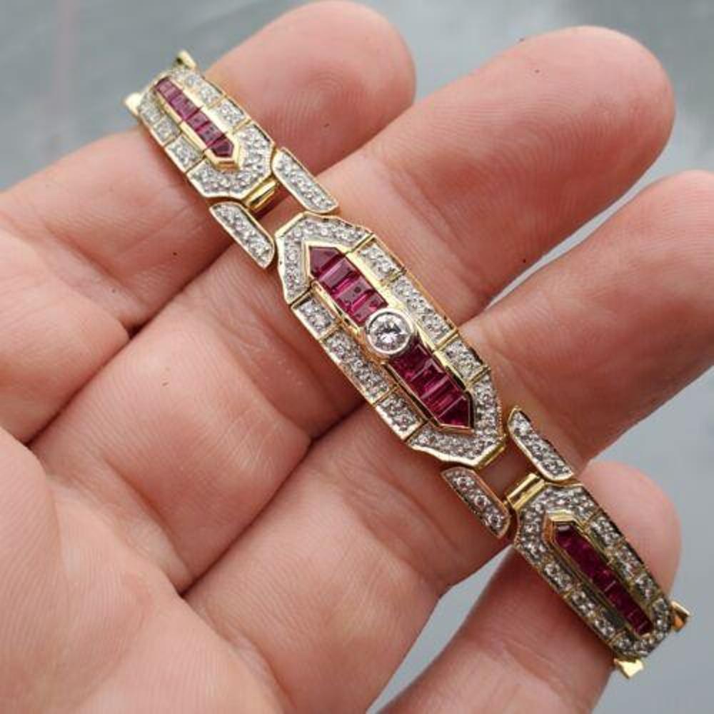 Levian Bracelet de style Art déco en or jaune 18 carats avec diamants et rubis baguettes en vente 2