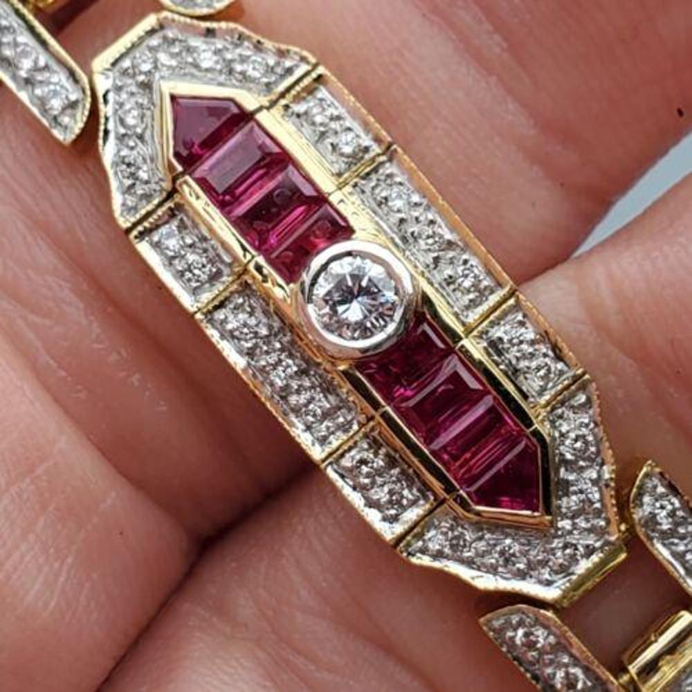Levian Bracelet de style Art déco en or jaune 18 carats avec diamants et rubis baguettes en vente 3