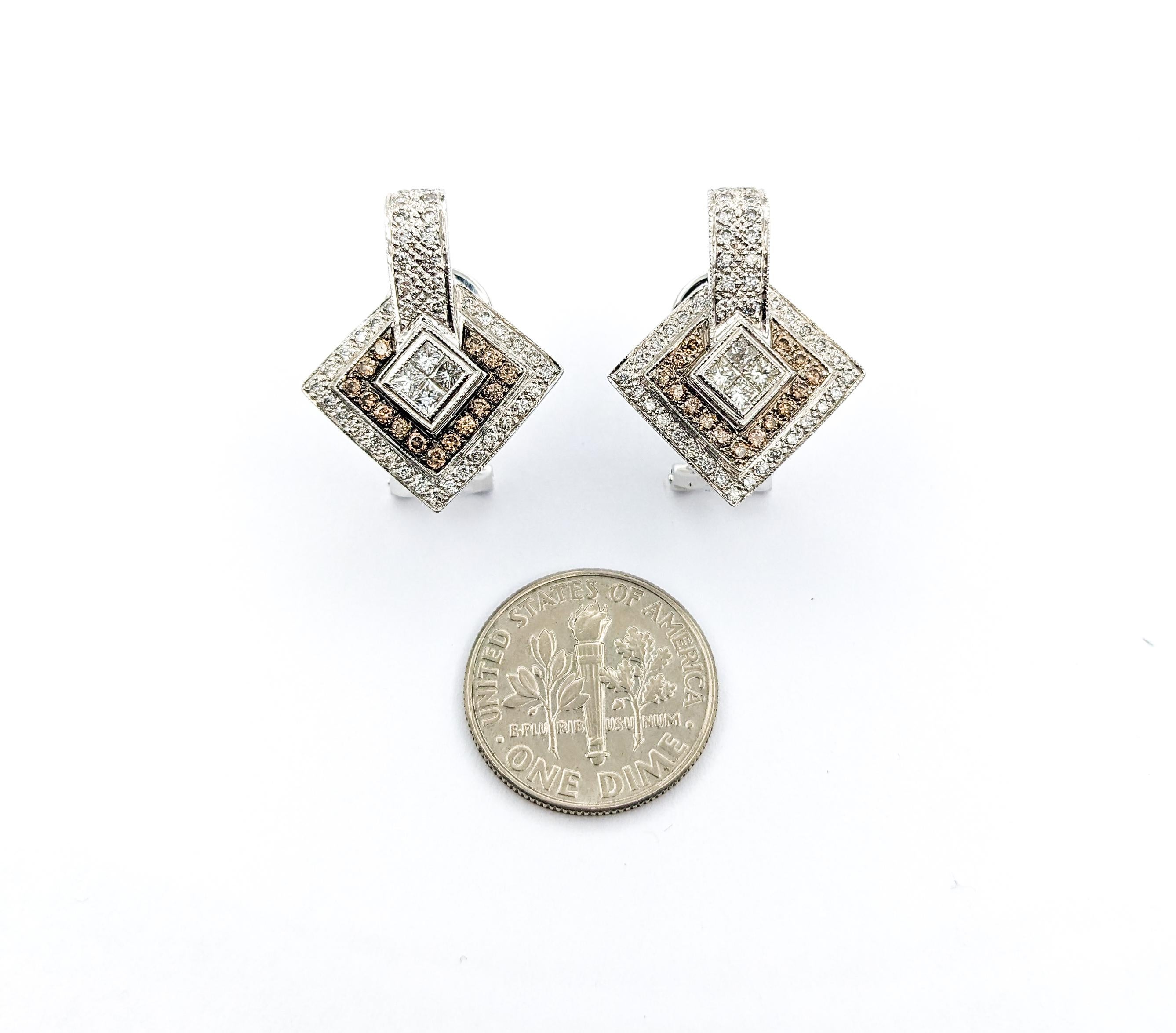 LeVian Champange Diamond Omega Earrings in 18k White Gold

Introducing these beautiful diamond fashion earrings by LeVian, crafted in 18k white gold. The earrings feature 1.00 carat total weight of colorless and chocolate diamonds in round and