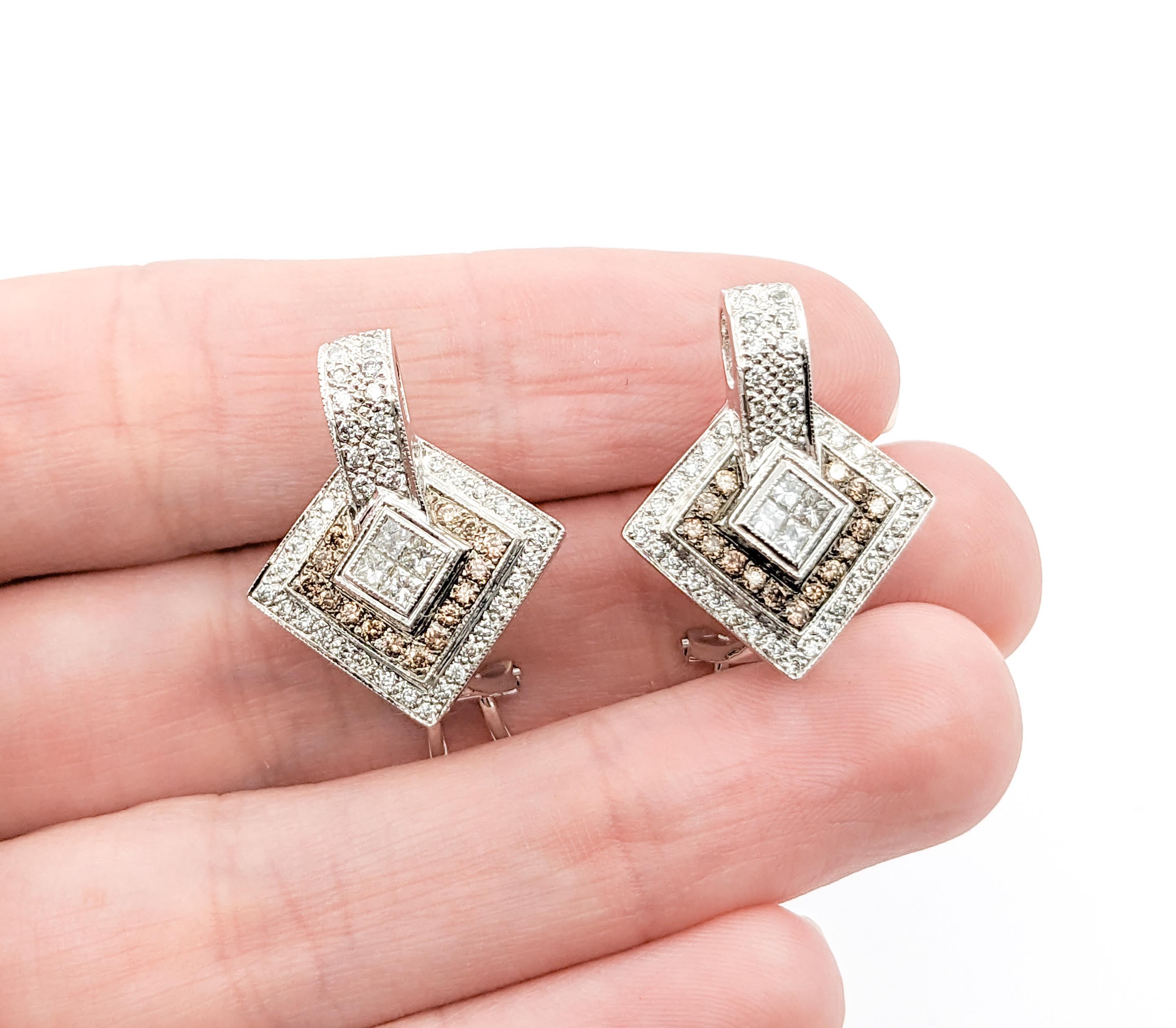 LeVian Champange Diamond Omega Earrings in 18k White Gold In Excellent Condition For Sale In Bloomington, MN