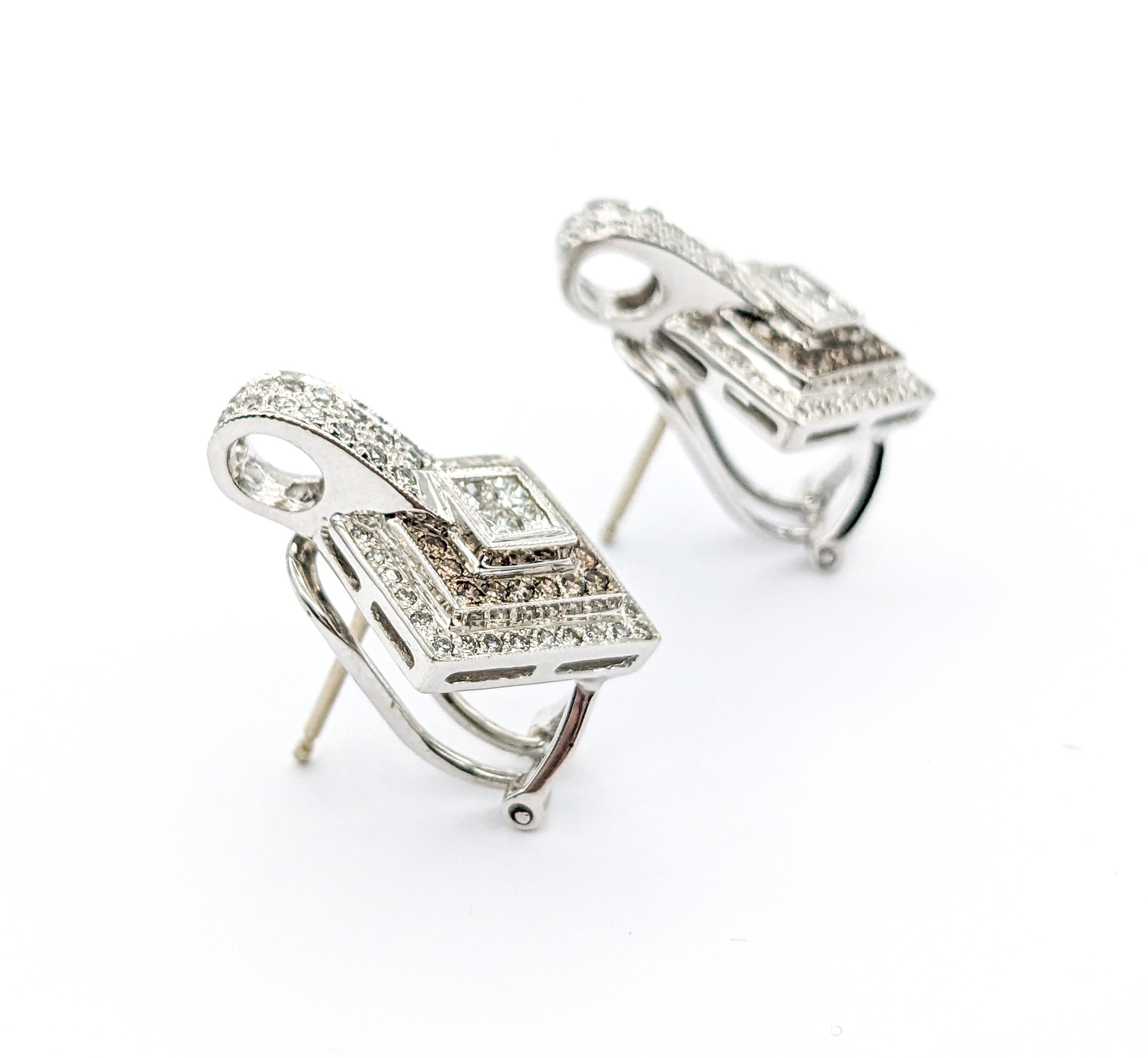 Women's LeVian Champange Diamond Omega Earrings in 18k White Gold For Sale