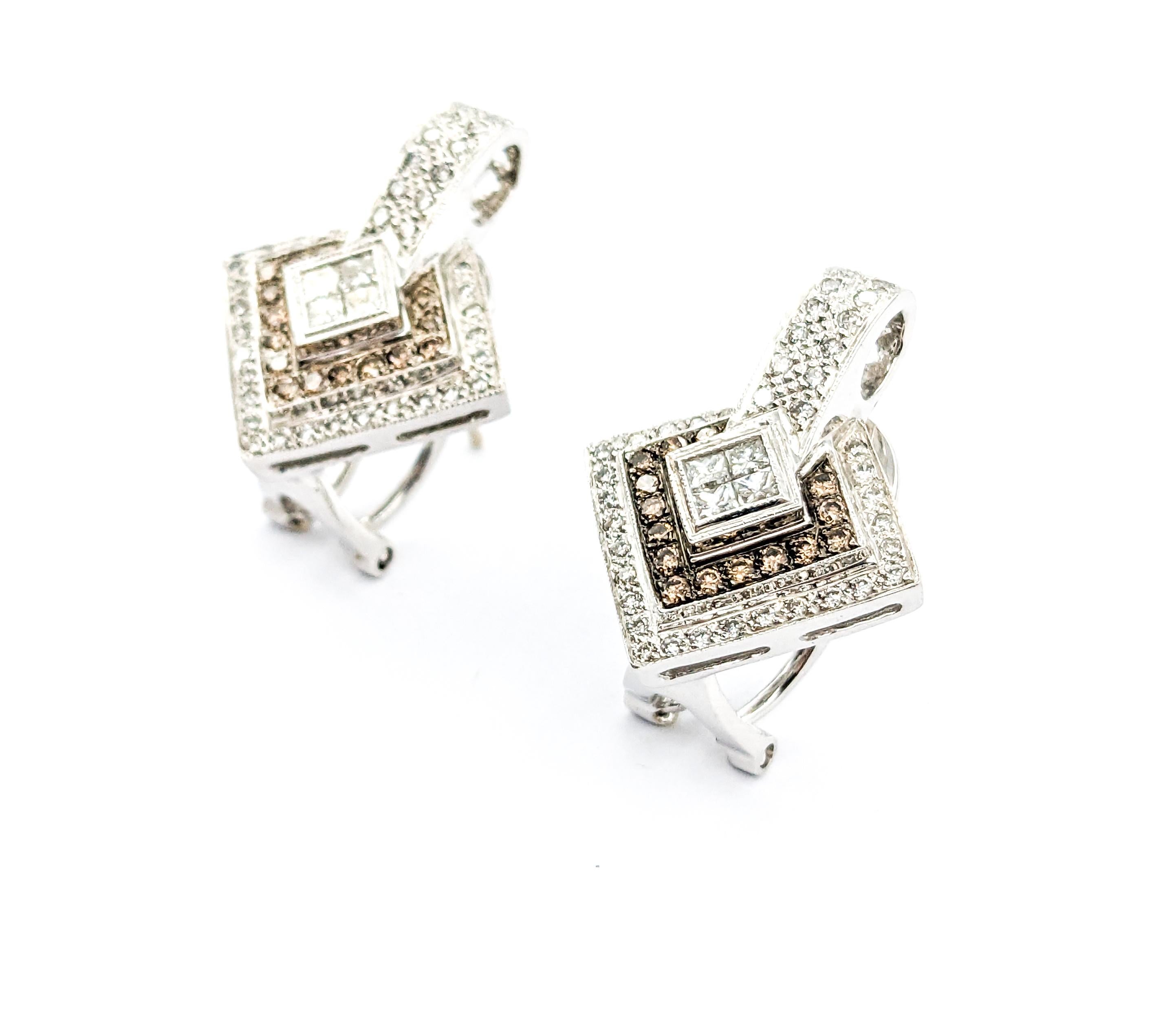 LeVian Champange Diamond Omega Earrings in 18k White Gold For Sale 1