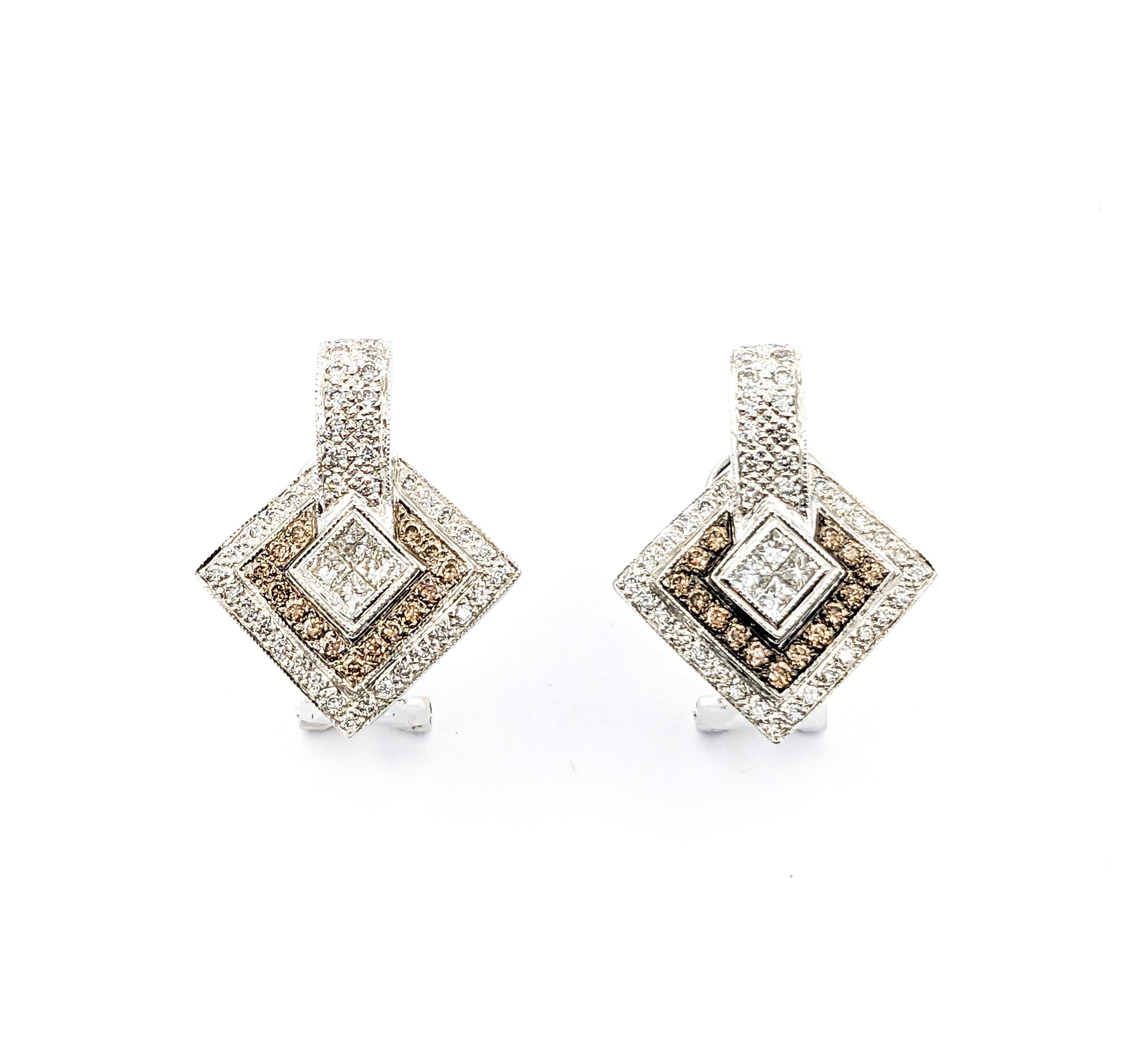 LeVian Champange Diamond Omega Earrings in 18k White Gold For Sale 2