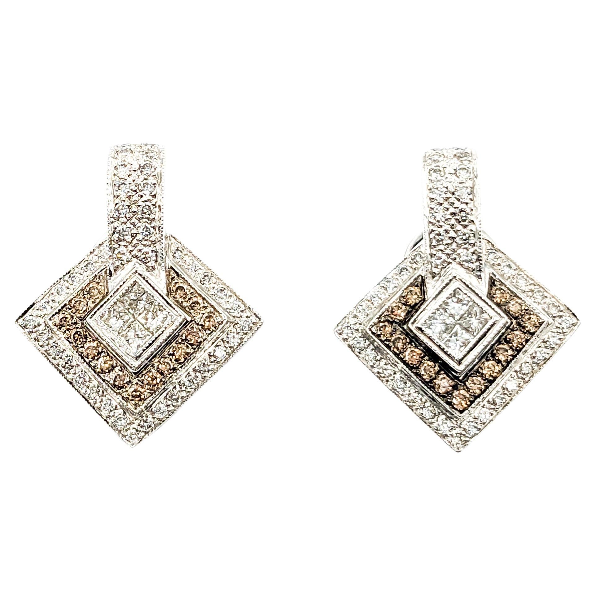 LeVian Champange Diamond Omega Earrings in 18k White Gold For Sale